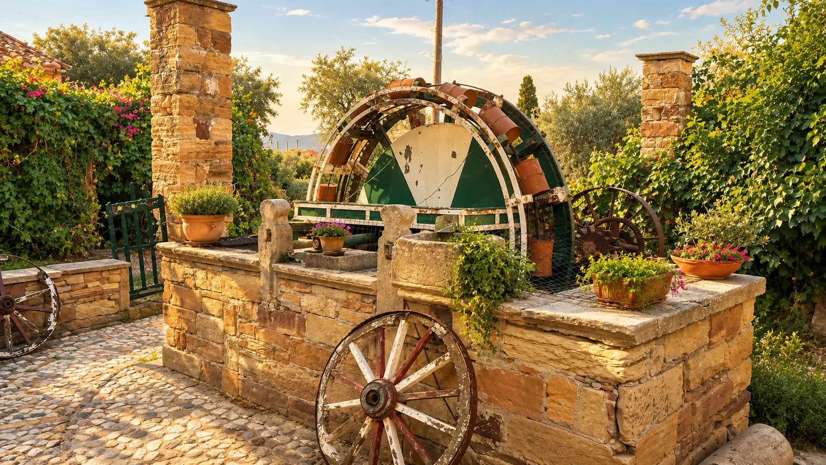 Ο παλιός νερόμυλος στον κήπο του Topakas House