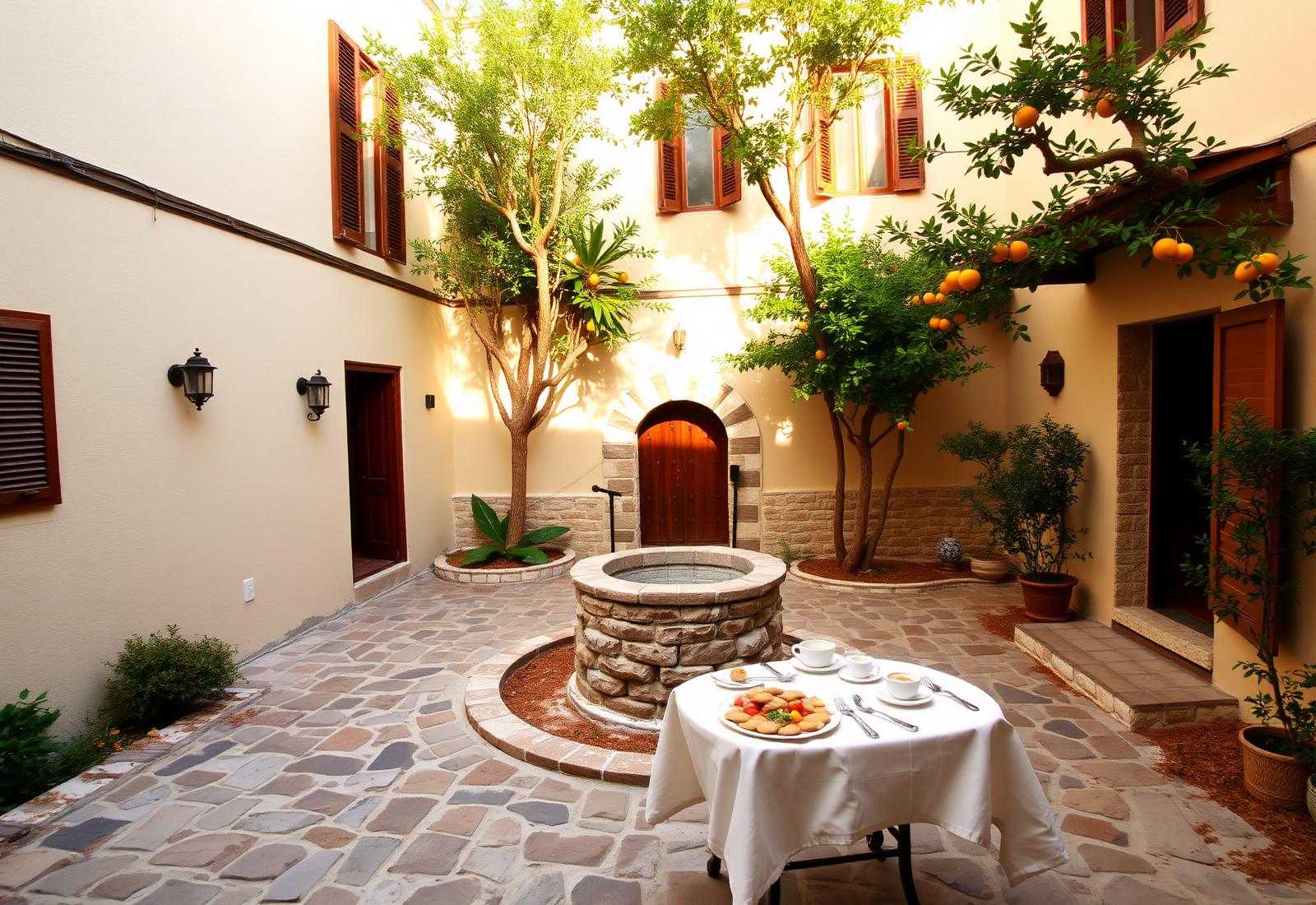 Stone courtyard with old well and shaded tables