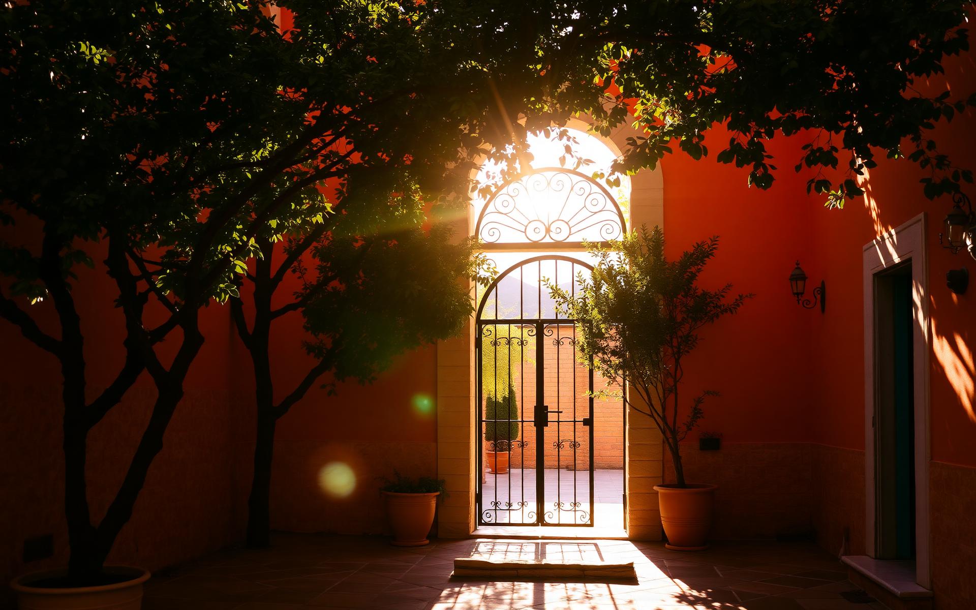 Sunlit stone courtyard of Topakas House